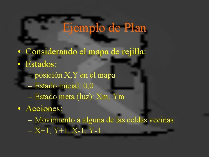Ejemplo de Plan • Considerando el mapa de rejilla: • Estados: – posición X,