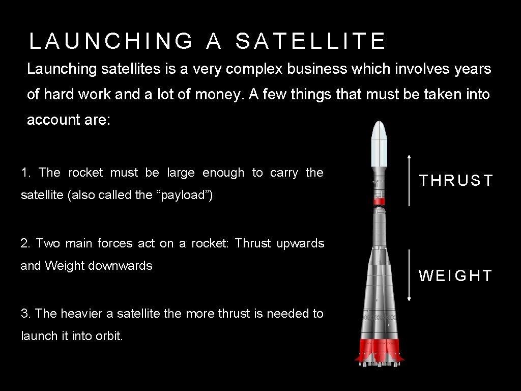 LAUNCHING A SATELLITE Launching satellites is a very complex business which involves years of