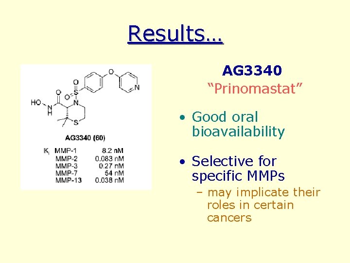 Results… AG 3340 “Prinomastat” • Good oral bioavailability • Selective for specific MMPs –