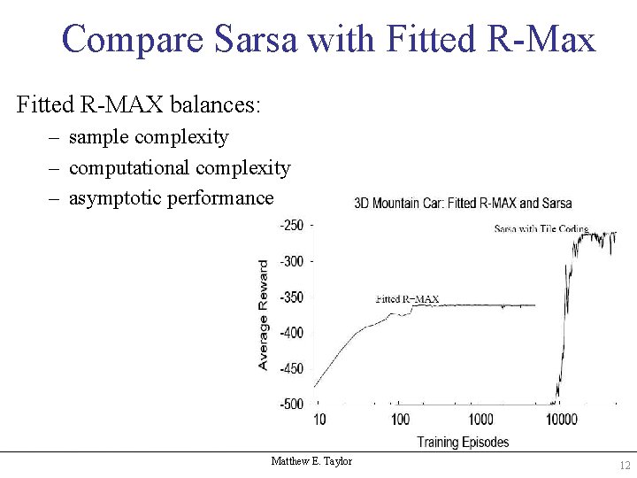 Compare Sarsa with Fitted R-Max Fitted R-MAX balances: – sample complexity – computational complexity