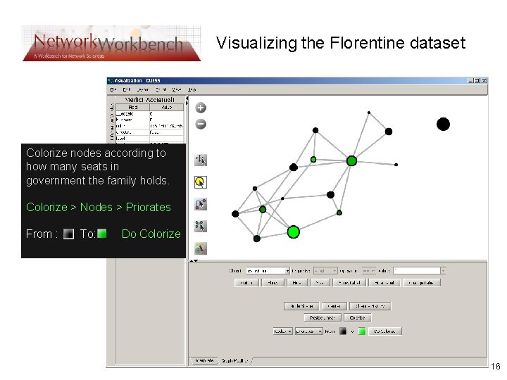 Visualizing the Florentine dataset Colorize nodes according to how many seats in government the