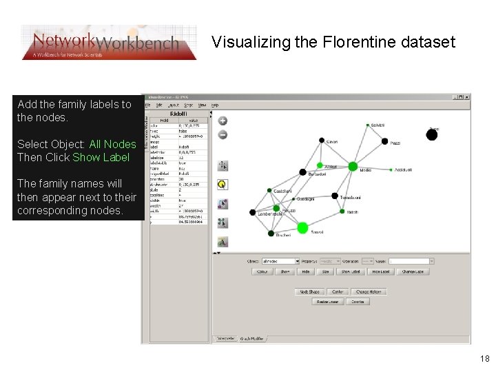 Visualizing the Florentine dataset Add the family labels to the nodes. Select Object: All