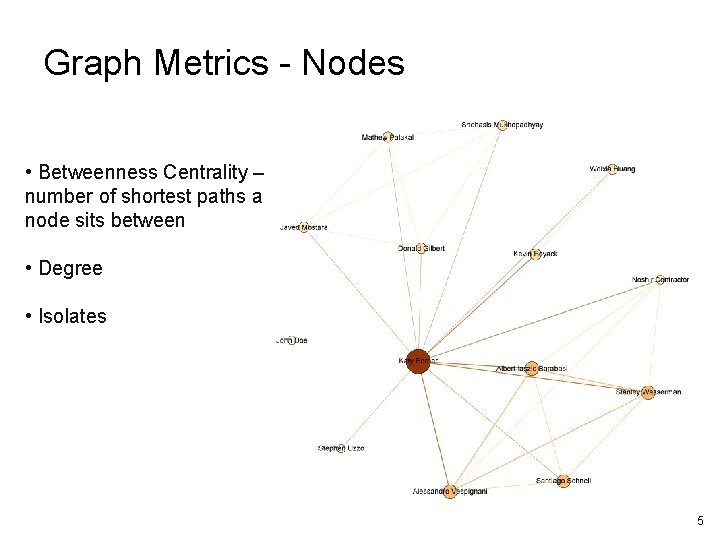 Graph Metrics - Nodes • Betweenness Centrality – number of shortest paths a node