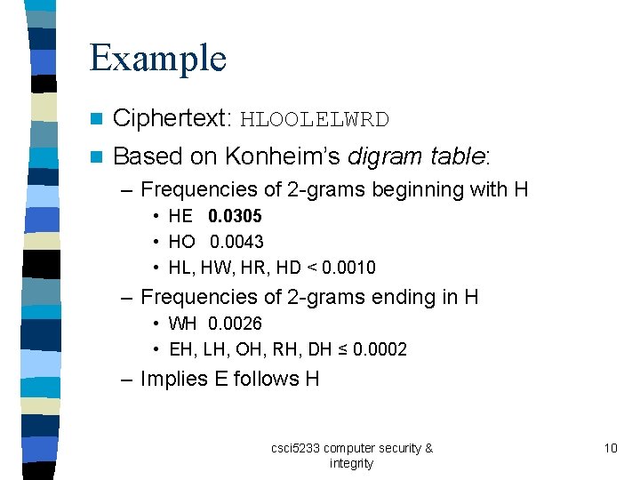 Example n Ciphertext: HLOOLELWRD n Based on Konheim’s digram table: – Frequencies of 2