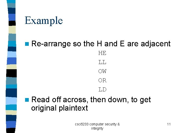 Example n Re-arrange so the H and E are adjacent HE LL OW OR