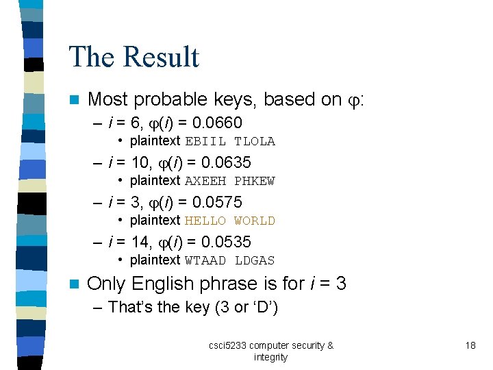 The Result n Most probable keys, based on : – i = 6, (i)
