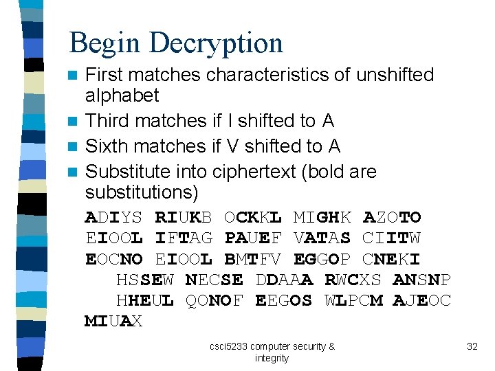 Begin Decryption First matches characteristics of unshifted alphabet n Third matches if I shifted