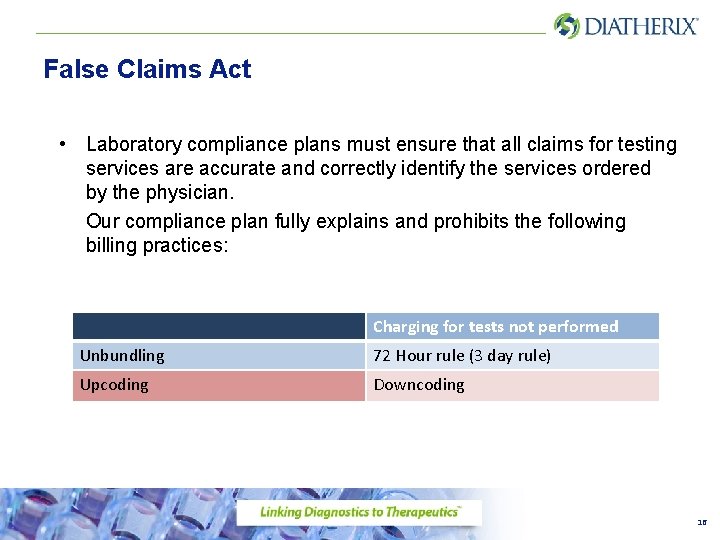 False Claims Act • Laboratory compliance plans must ensure that all claims for testing