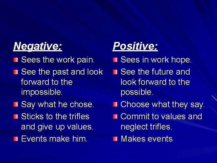 Negative: Sees the work pain. See the past and look forward to the impossible.