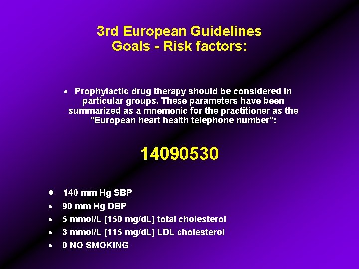 3 rd European Guidelines Goals - Risk factors: · Prophylactic drug therapy should be