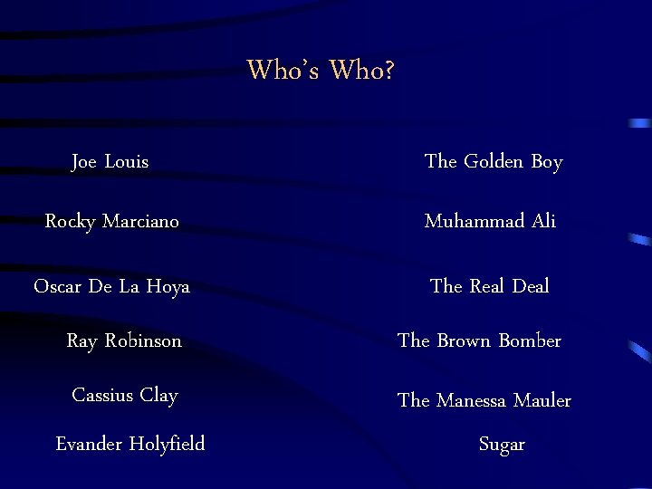 Who’s Who? Joe Louis The Golden Boy Rocky Marciano Muhammad Ali Oscar De La