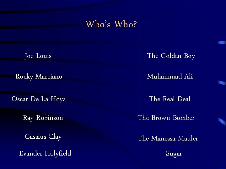 Who’s Who? Joe Louis The Golden Boy Rocky Marciano Muhammad Ali Oscar De La