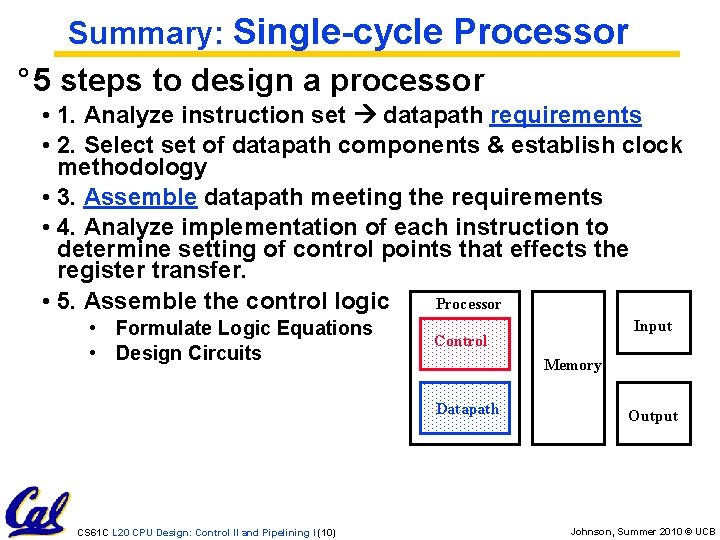 Summary: Single-cycle Processor ° 5 steps to design a processor • 1. Analyze instruction