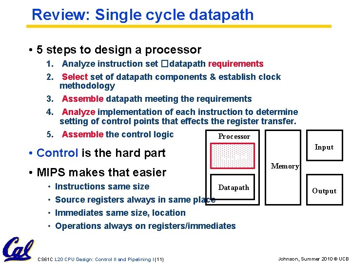 Review: Single cycle datapath • 5 steps to design a processor 1. Analyze instruction