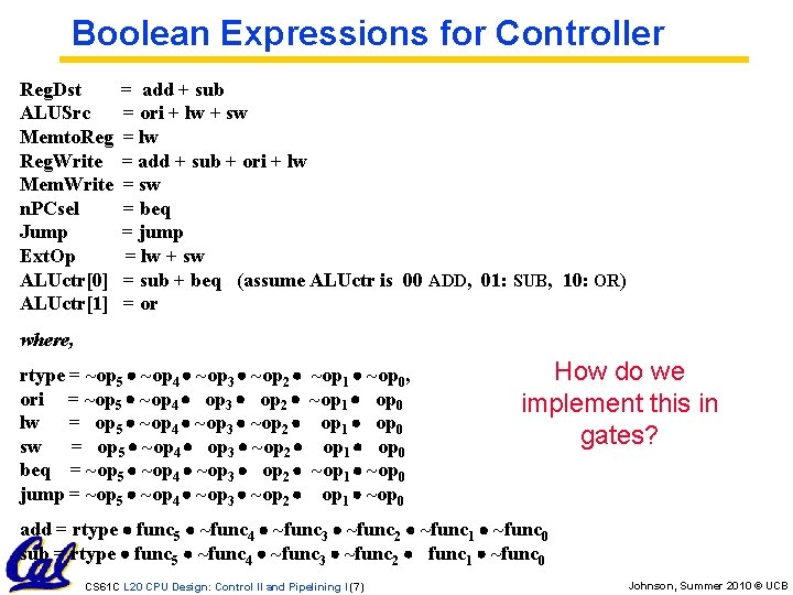 Boolean Expressions for Controller Reg. Dst ALUSrc Memto. Reg. Write Mem. Write n. PCsel