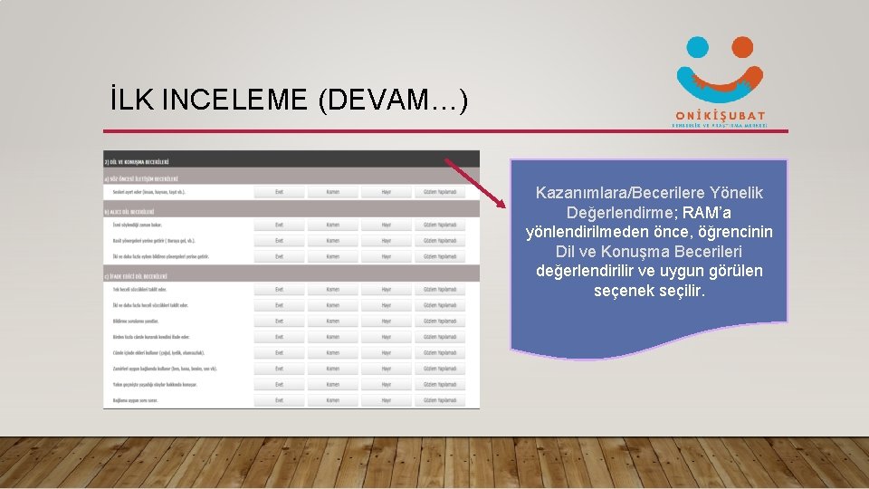 İLK INCELEME (DEVAM…) Kazanımlara/Becerilere Yönelik Değerlendirme; RAM’a yönlendirilmeden önce, öğrencinin Dil ve Konuşma Becerileri