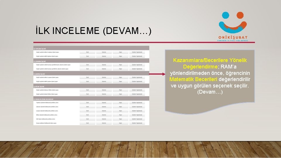 İLK INCELEME (DEVAM…) Kazanımlara/Becerilere Yönelik Değerlendirme; RAM’a yönlendirilmeden önce, öğrencinin Matematik Becerileri değerlendirilir ve