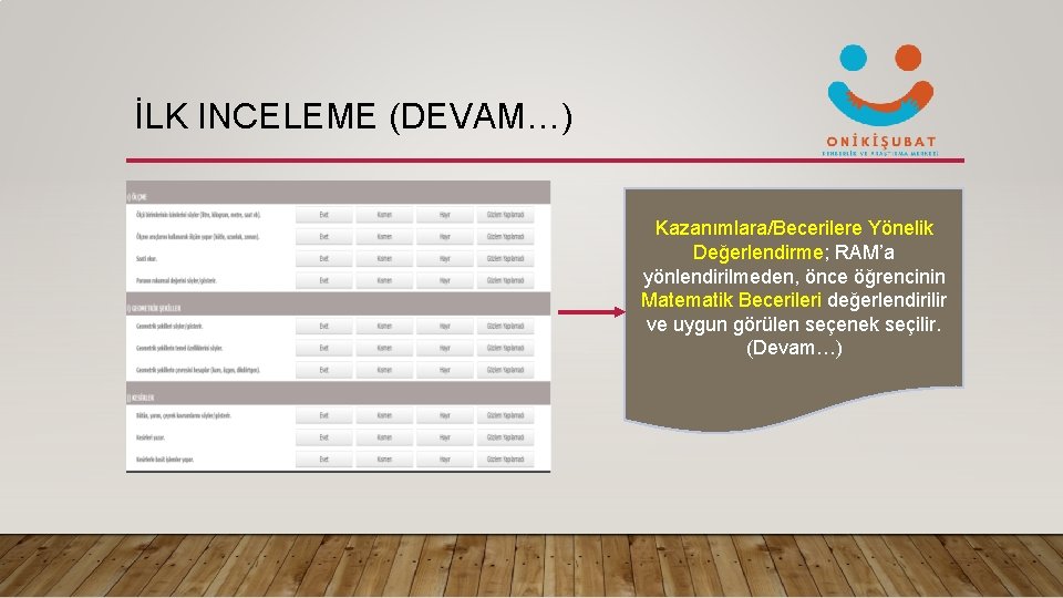 İLK INCELEME (DEVAM…) Kazanımlara/Becerilere Yönelik Değerlendirme; RAM’a yönlendirilmeden, önce öğrencinin Matematik Becerileri değerlendirilir ve