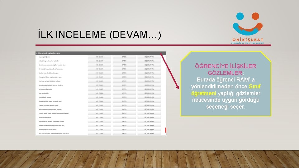 İLK INCELEME (DEVAM…) ÖĞRENCİYE İLİŞKİLER GÖZLEMLER; Burada öğrenci RAM’ a yönlendirilmeden önce Sınıf öğretmeni