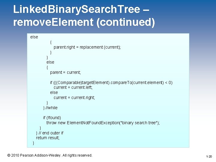Linked. Binary. Search. Tree – remove. Element (continued) else { parent. right = replacement