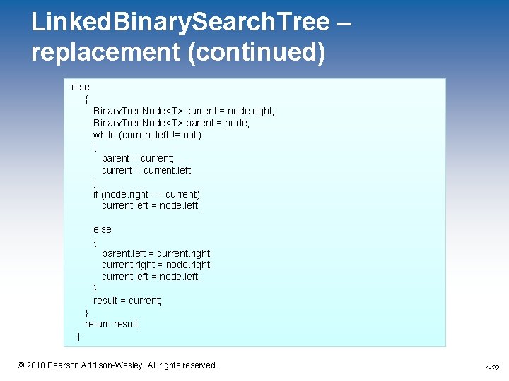 Linked. Binary. Search. Tree – replacement (continued) else { Binary. Tree. Node<T> current =