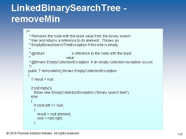 Linked. Binary. Search. Tree remove. Min /** * Removes the node with the least