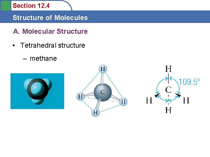 Section 12. 4 Structure of Molecules A. Molecular Structure • Tetrahedral structure – methane