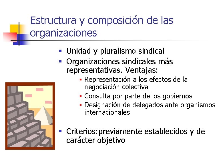 Estructura y composición de las organizaciones § Unidad y pluralismo sindical § Organizaciones sindicales