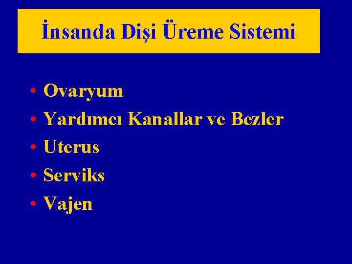 İnsanda Dişi Üreme Sistemi • • • Ovaryum Yardımcı Kanallar ve Bezler Uterus Serviks