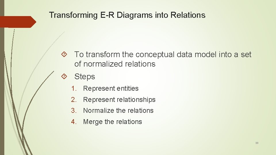 Transforming E-R Diagrams into Relations To transform the conceptual data model into a set