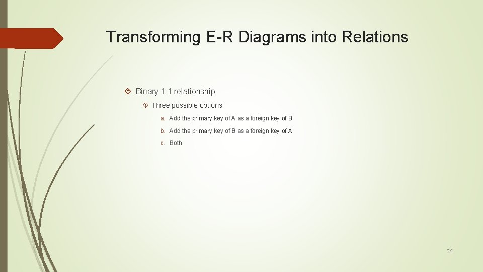 Transforming E-R Diagrams into Relations Binary 1: 1 relationship Three possible options a. Add