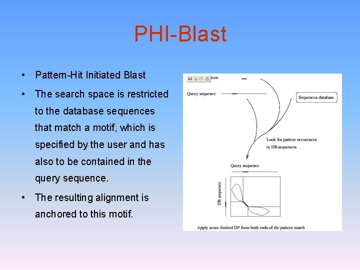 PHI-Blast • Pattern-Hit Initiated Blast • The search space is restricted to the database