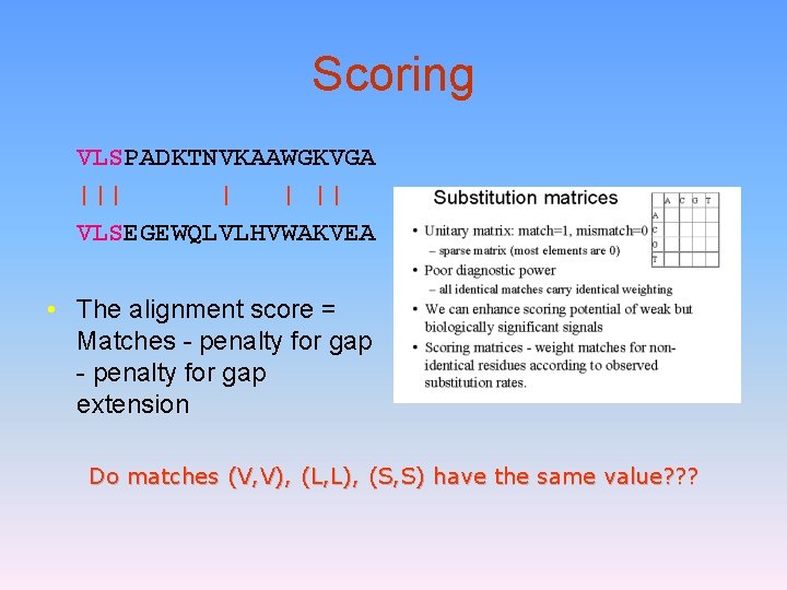 Scoring VLSPADKTNVKAAWGKVGA ||| | | || VLSEGEWQLVLHVWAKVEA • The alignment score = Matches -