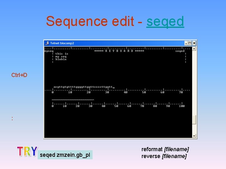 Sequence edit - seqed Ctrl+D : seqed zmzein. gb_pl reformat [filename] reverse [filename] 