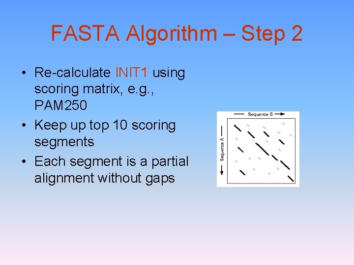 FASTA Algorithm – Step 2 • Re-calculate INIT 1 using scoring matrix, e. g.