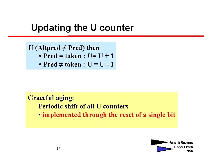 Updating the U counter If (Altpred ≠ Pred) then • Pred = taken :