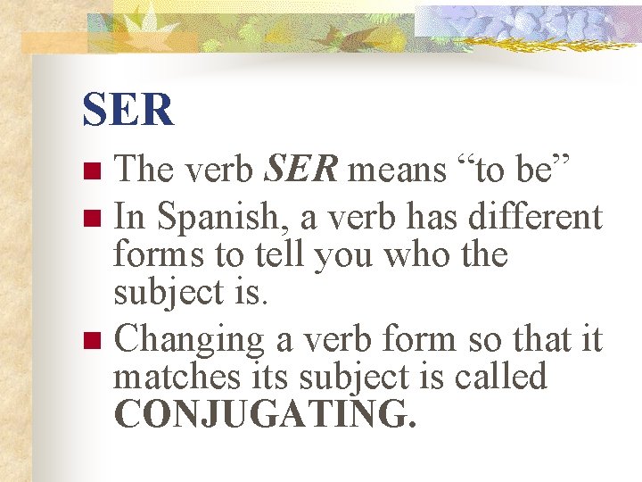 SER The verb SER means “to be” n In Spanish, a verb has different