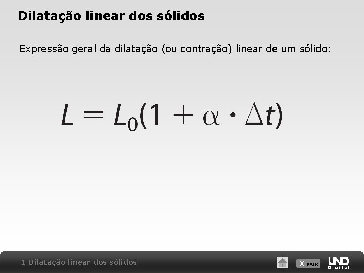Dilatação linear dos sólidos Expressão geral da dilatação (ou contração) linear de um sólido: