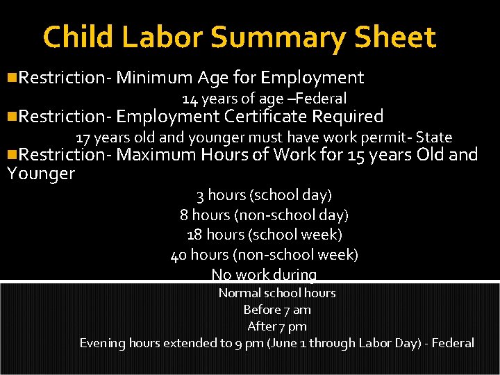 Child Labor Summary Sheet n. Restriction- Minimum Age for Employment 14 years of age