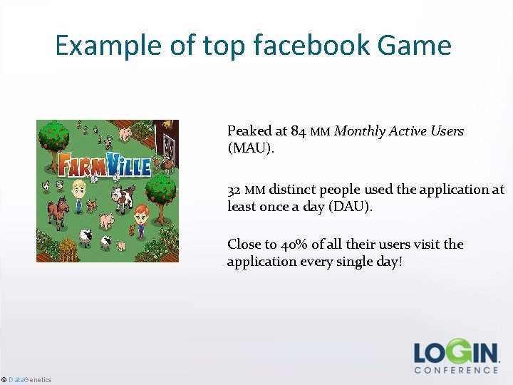 Example of top facebook Game Peaked at 84 MM Monthly Active Users (MAU). 32
