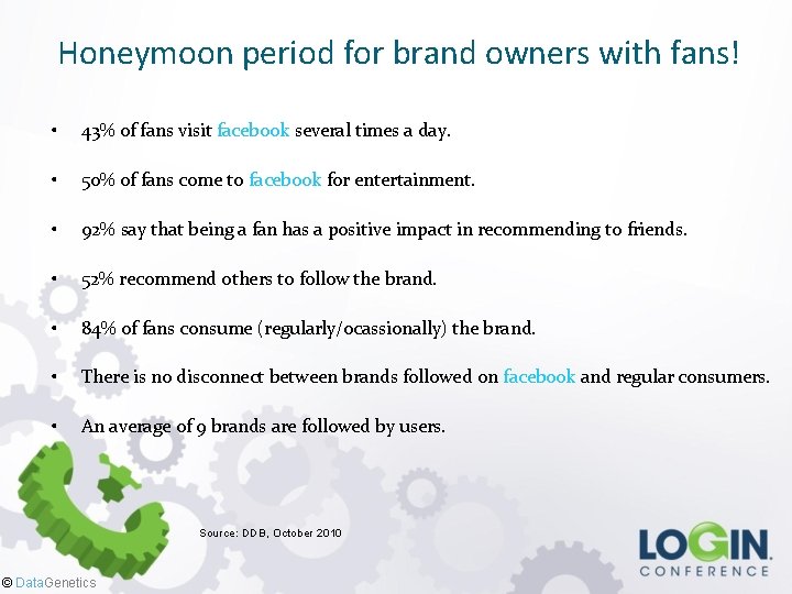Honeymoon period for brand owners with fans! • 43% of fans visit facebook several