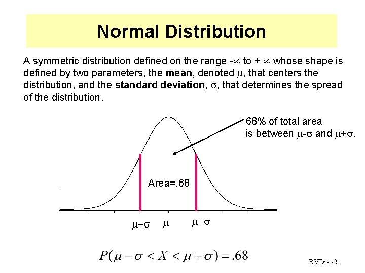 Normal Distribution A symmetric distribution defined on the range - to + whose shape