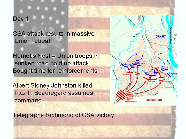 Day 1 CSA attack results in massive Union retreat Hornet’s Nest – Union troops