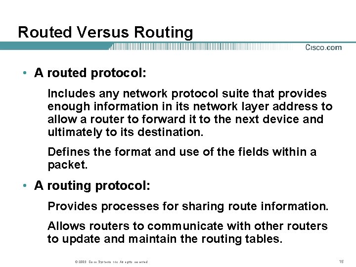Routed Versus Routing • A routed protocol: Includes any network protocol suite that provides