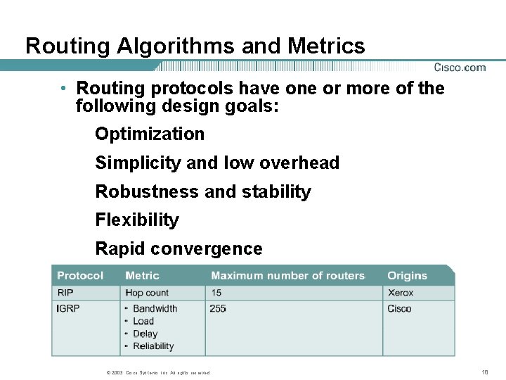 Routing Algorithms and Metrics • Routing protocols have one or more of the following
