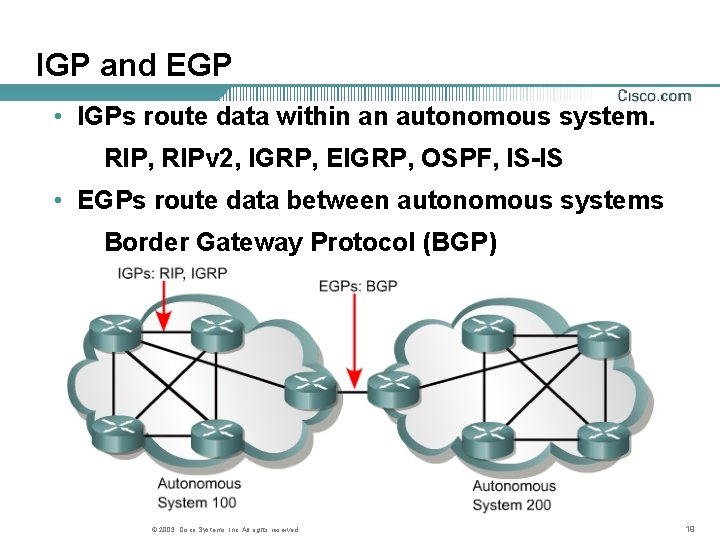 IGP and EGP • IGPs route data within an autonomous system. RIP, RIPv 2,
