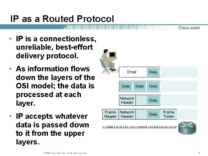 IP as a Routed Protocol • IP is a connectionless, unreliable, best-effort delivery protocol.