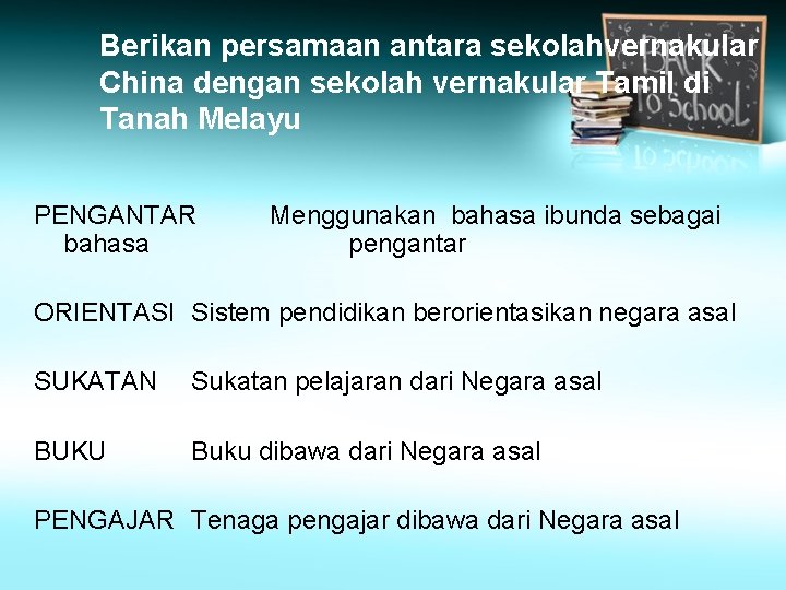 Berikan persamaan antara sekolahvernakular China dengan sekolah vernakular Tamil di Tanah Melayu PENGANTAR bahasa