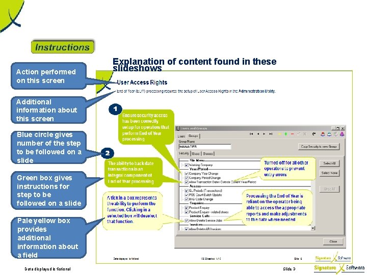 Action performed on this screen Explanation of content found in these slideshows Additional information