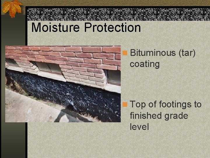 Moisture Protection n Bituminous (tar) coating n Top of footings to finished grade level